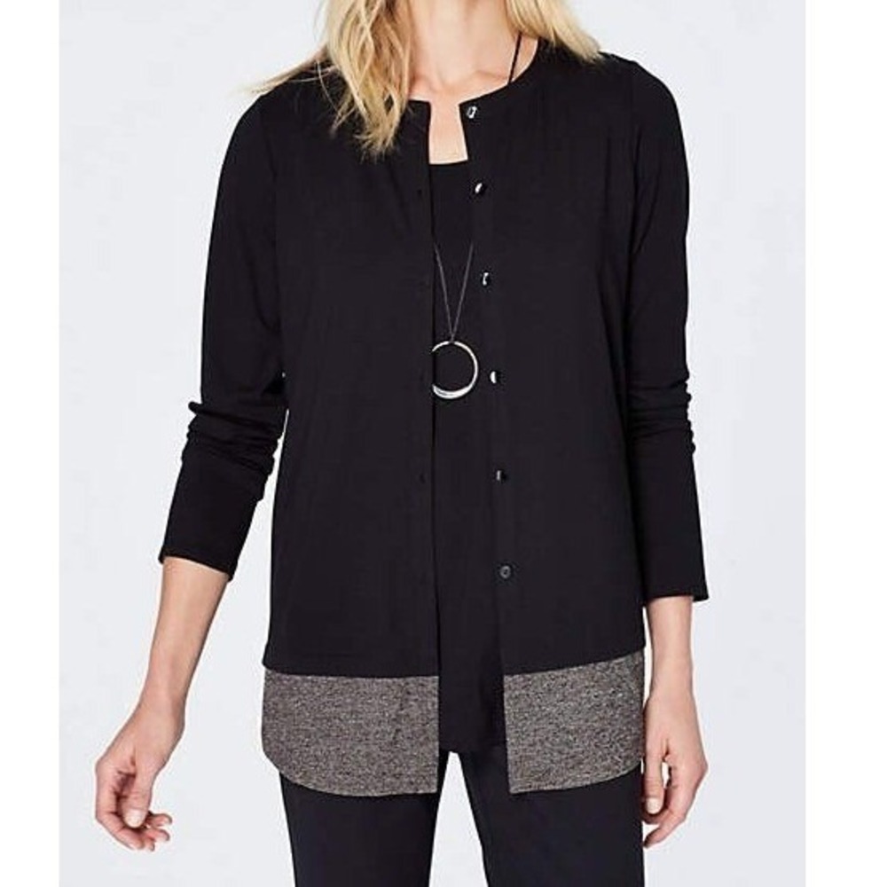 J.Jill Wearever Cardigan Womens XS Petite Black Grey Layered Hem Button Front